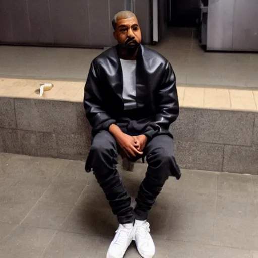 Prompt: kanye west sitting in a public toilet