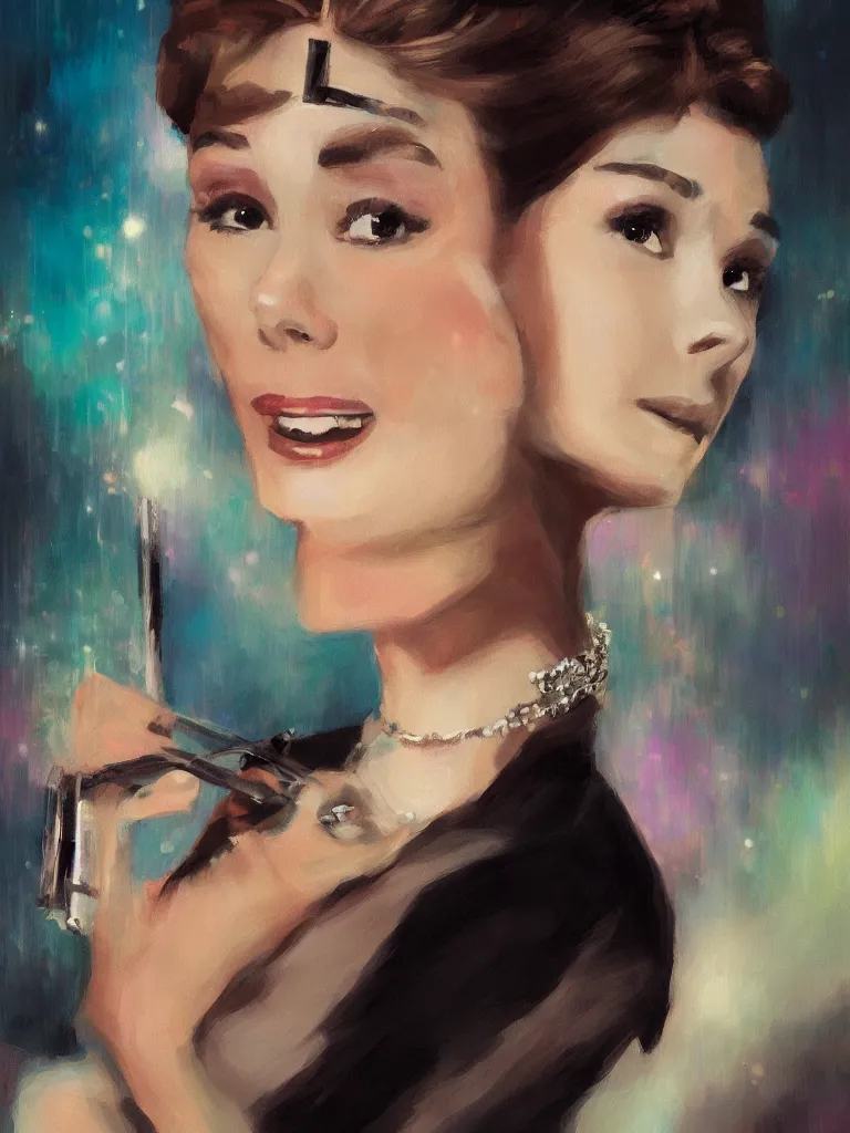 Prompt: a portrait of Audrey Hepburn from Breakfast at Tiffanys, glamorous setting, vivid colors, soft lighting, atmospheric, cinematic, moody, in the style of Ross Tran, oil on canvas, 8k
