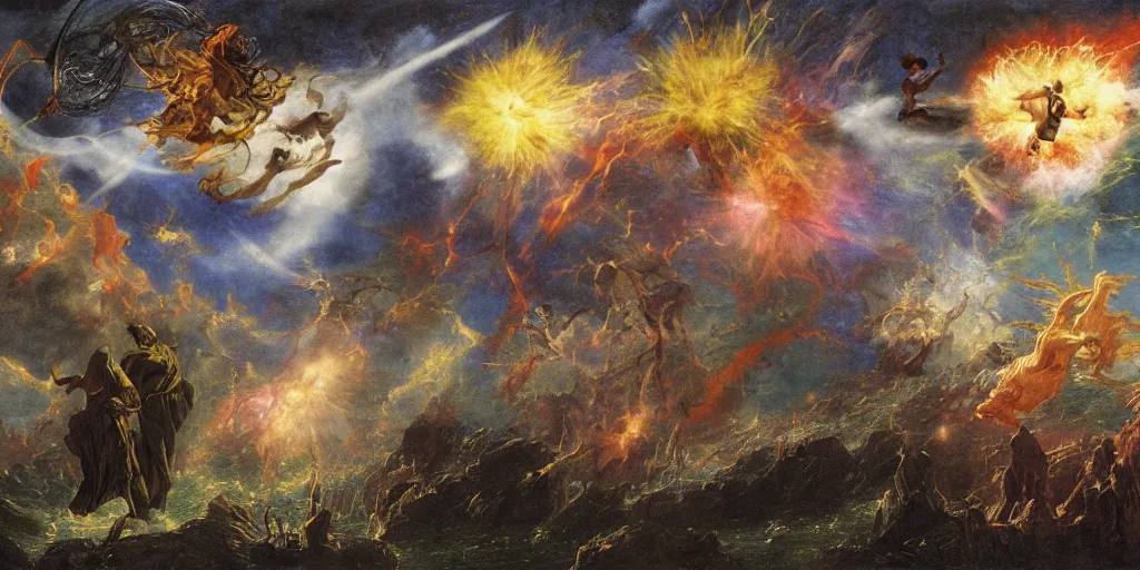 Image similar to magical tarot cards floating in the midst of magical explosions, matte painting, epic scale, 8 k, sharp focus, by caspar friedrich, albert bierstadt, james gurney, brian froud,