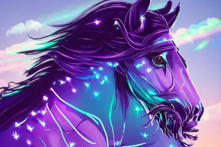 Image similar to a stunning horse with bioluminescent mane and tail running in the clouds by sandra chevrier and greg rutkowski, neon hooves, purple blue color scheme, vaporware, retro, outrun, high key lighting, volumetric light, digital art, highly detailed, fine detail, intricate, ornate, complex, octane render, unreal engine, photorealistic