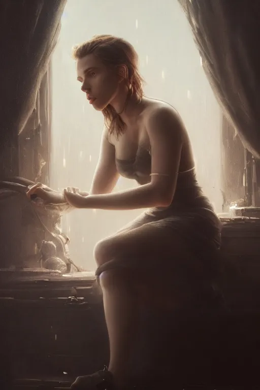 Image similar to a fancy portrait of Scarlett Johansson with scars on her back by Greg Rutkowski, Sung Choi, Mitchell Mohrhauser, Maciej Kuciara, Johnson Ting, Maxim Verehin, Peter Konig, final fantasy , mythical, 8k photorealistic, cinematic lighting, HD, high details, atmospheric,