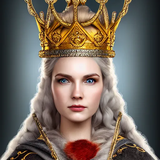 Image similar to beautiful nordic queen with ornate crown and robes highly detailed, 4k, HDR, smooth, sharp focus, hyper realistic, high resolution