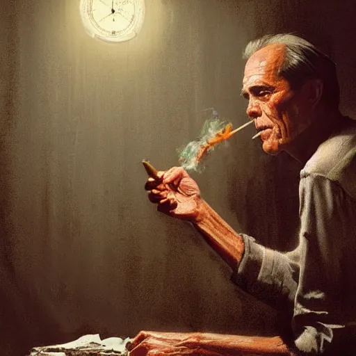 Image similar to a highly detailed epic cinematic concept art CG render digital painting artwork costume design: Henry Fonda as a 1950s tired disillusioned poet, barefoot, smoking a cigar. volumetric lighting. By Greg Rutkowski, in the style of Francis Bacon and Syd Mead and Norman Rockwell and Beksinski, open ceiling, highly detailed, painted by Francis Bacon and Edward Hopper, painted by James Gilleard, surrealism, airbrush, Ilya Kuvshinov, WLOP, Stanley Artgerm, very coherent, triadic color scheme, realistic facial expression, art by Takato Yamamoto and James Jean