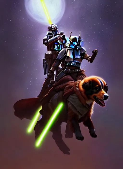 Prompt: mandalorian riding a bernese montain dog, star wars, beautiful glowing lights, sci - fi, stunning, intricate, elegant. highly detailed, digital painting. artstation. smooth. sharp focus. illustration. art by artgerm and greg rutkowski and alphonse mucha