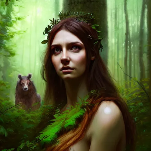 Prompt: a pretty female druid surrounded by forest animals, in the woods, hyper realistic, digital painting, photorealistic, in the style of greg rutkowski, highly detailed