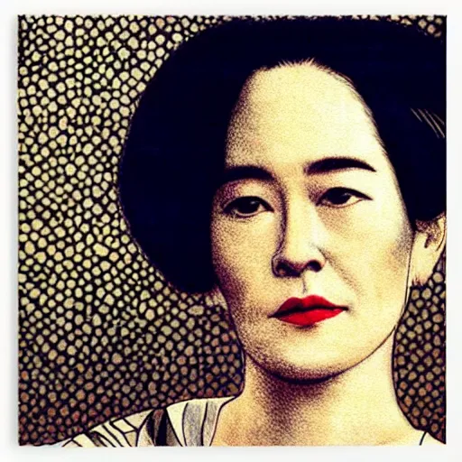 Prompt: “ sarah paulson portrait by ikenaga yasunari and ayana otake and ko rakusui, 6 0 s poster, drawing, realistic, sharp focus, japanese, dreamy, nostalgia, faded, golden hues, floral clothes, porcelain skin ”