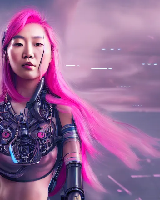 Image similar to portrait of a beautiful asian woman with pink hair as a cyberpunk cyborg half robot, sci - fi, missing panels, intricate abstract upper body intricate artwork, concept art, octane render, deviantart, cinematic, key art, hyperrealism, iridescent accents, portrait photograph, nikon 3 5 mm, photograph by greg rutkowski