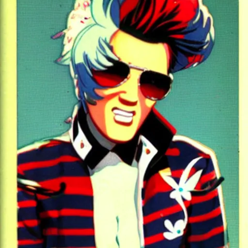 Prompt: ”flamboyant Elvis Presley. Anime. Studio Ghibli.”