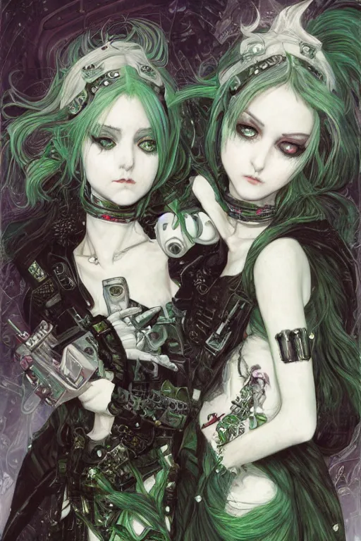 Image similar to two cute beautiful young goth maidens, green hairs and white hairs, cyberpunk, Warhammer 40000, gothic, highly detailed, artstation, illustration, art by Gustav Klimt and Range Murata