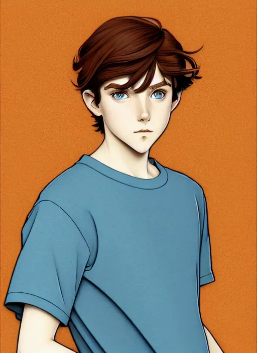 Image similar to art nouveau portrait of a teen boy with completely straight auburn hair, light blue eyes, pale skin, freckles, sad expression, t - shirt, modern casual clothing, natural lighting, path traced, highly detailed, high quality, cartoon, digital painting, by don bluth and ross tran and studio ghibli and alphonse mucha