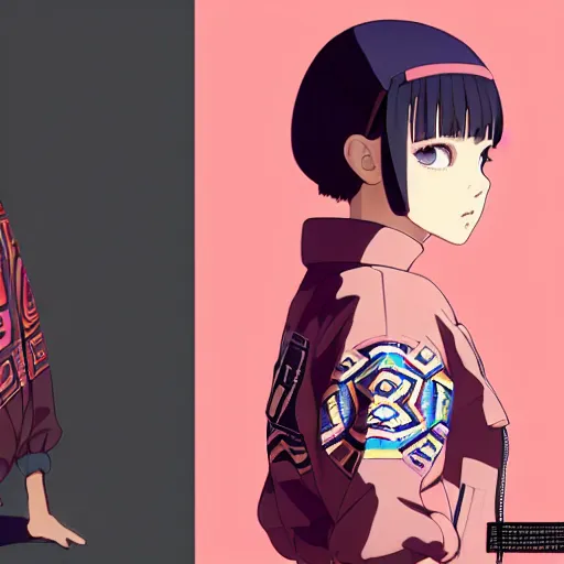 Image similar to a beautiful! boyish! natalie portman alluring gravure! model, wearing oversized aztec bomber jacket and leotard, poofy bomber jacket with mayan patterns, gapmoe yandere grimdark, trending on pixiv fanbox, painted by greg rutkowski makoto shinkai takashi takeuchi studio ghibli, akihiko yoshida