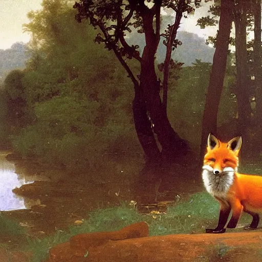 Prompt: An animal portrait of a fox in a flowing dress by Robert Cleminson and William-Adolph Bouguereau, forest and rivers in the background by Albert Bierstadt