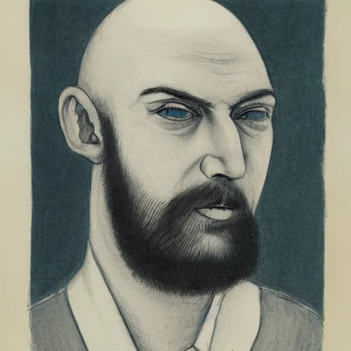 Prompt: portrait of bald short - bearded man with round face, small eyebrows, wide lips and kind blue eyes, minimalictic black and white, ink, pencil