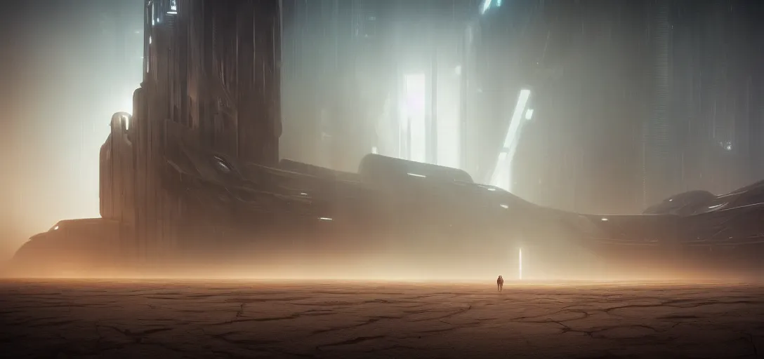 Image similar to view from the desert ground fire night stars of futuristic mechanical blade runner brutalist architecture, radiosity, dense fog, light rays, lens flare, symmetry, cinematic lighting, ultra detailed, sharp, ambient occlusion, bloom, raytracing, by greg rutowski, paul chadeisson and jessica rossier