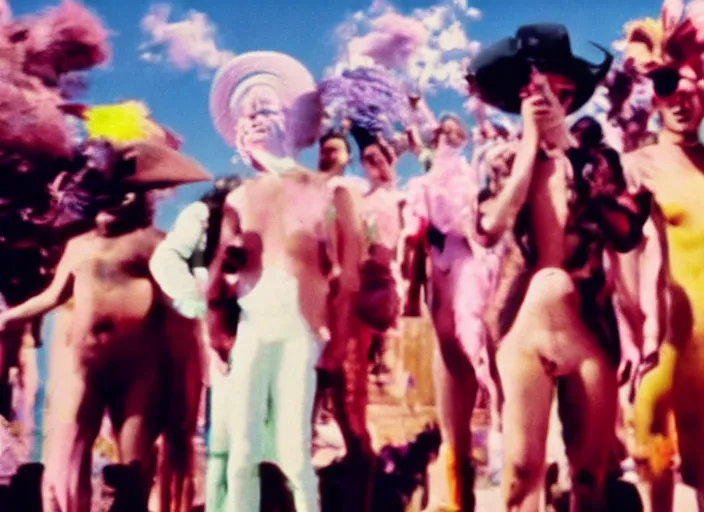 Image similar to still from art house film by alejandro jodorowsky, harmony korine and kenneth anger : : surreal scene in a picturesque setting : : close up of the actors'faces : : cinemascope, technicolor, 8 k