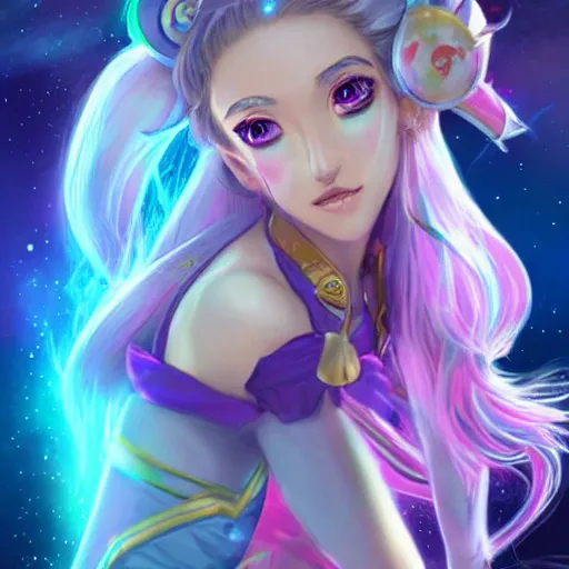 Prompt: a high fantasy portrait of a celestial magical girl, sailor moon, star guardians very beautiful, very attractive, trending on artstation, cool color scheme, unreal engine, semi - realism, deviant art