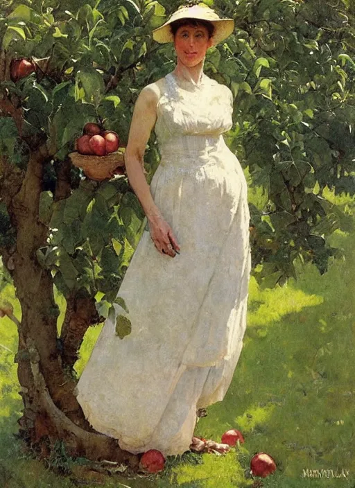 Image similar to illustration full body portrait of elegant slim mature woman standing in orchard, by norman rockwell, roberto ferri, daniel gerhartz, tom lovell, dean cornwell