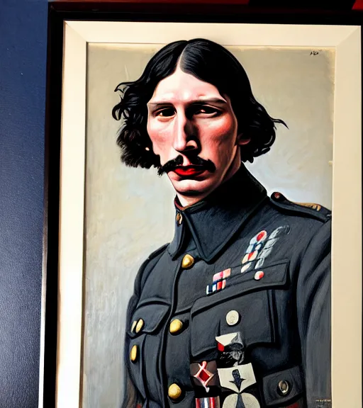 Image similar to a wwi propaganda portrait of adam driver by jon whitcomb and albrecht anker and sydney prior hall, hyperrealism