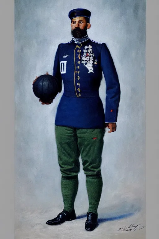 Prompt: full body portrait of the dictator of the minnesota timberwolves, 1 8 8 9, in full military garb, midnight blue, lake blue, moonlight grey and aurora green, oil on canvas by william sidney mount, trending on artstation