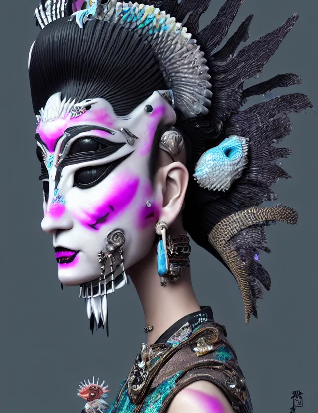 Image similar to 3 d goddess close - up profile portrait punk with mohawk with ram skull. beautiful intricately detailed japanese crow kitsune mask and clasical japanese kimono. betta fish, jellyfish phoenix, bio luminescent, plasma, ice, water, wind, creature, artwork by tooth wu and wlop and beeple and greg rutkowski