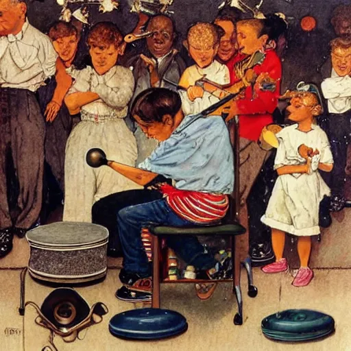 Image similar to A kid hitting pots in a mini concert with his friends, art by Norman Rockwell