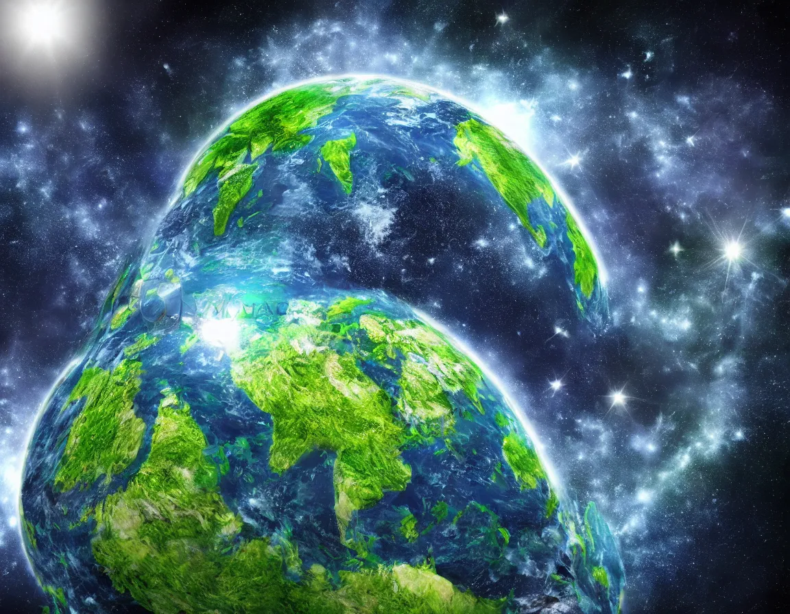 Prompt: hyper realistic 3 d rendering of little green planet in the outer space, hd, hdr, ultra detailed, high resolution