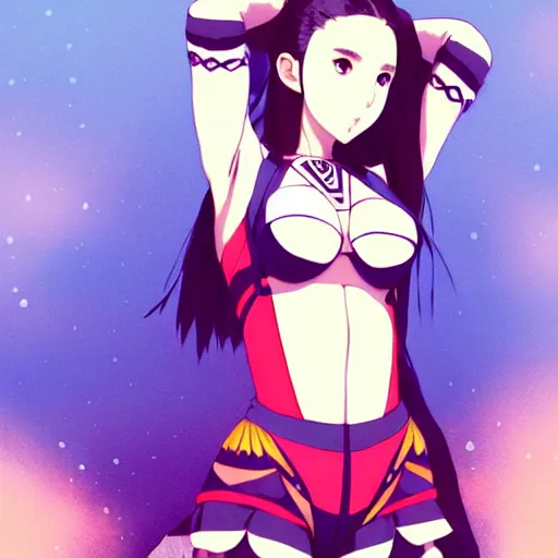 Image similar to a beautiful plus sized model japanese natalie portman, alluring plus sized model, wearing mayan leotard with overalls, street fashion hip hop style with mayan patterns, aztec street fashion, gapmoe yandere grimdark, trending on pixiv fanbox, painted by greg rutkowski makoto shinkai takashi takeuchi studio ghibli, akihiko yoshida