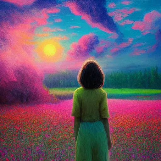 Image similar to girl with an blooming flower face, surreal photography, dream, standing in flower field, hills, valley, forest, sunrise dramatic light, impressionist painting, colorful clouds, digital painting, pointillism, artstation, simon stalenhag