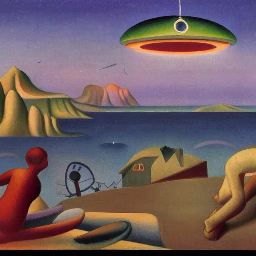 Image similar to color oil painting of mysterious alien saucer hovering over seaside village, 1929, by Thomas Hart Benton