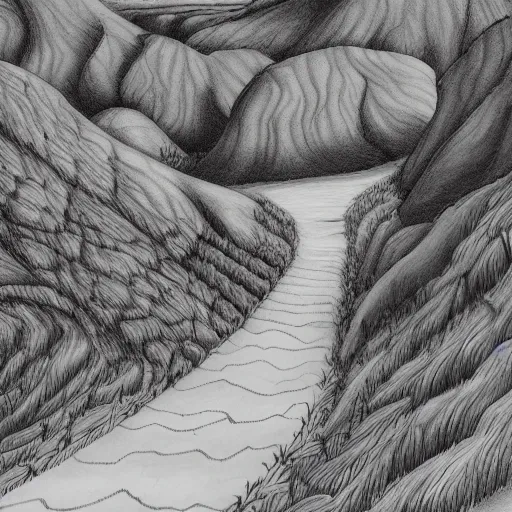 Prompt: hills of dreams, black and white, artstation, pencil illustration