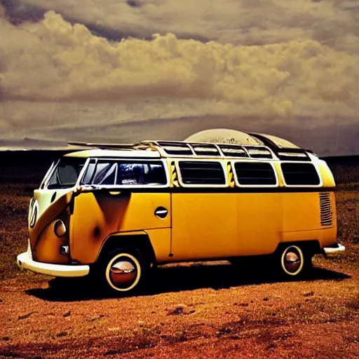 Prompt: the last vw bus on earth, nuclear explosion in the distance