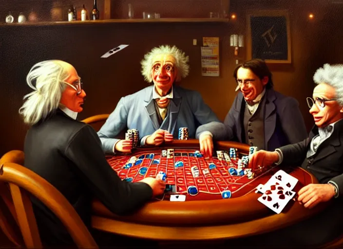 Image similar to playing poker in a saloon, Isaac Newton and Stephen Hawking and Albert Einstein, by Mandy Jurgens, trending on artstation, Richard Schmid and norman rockwell