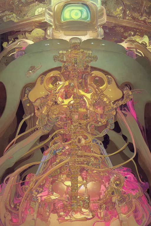 Image similar to interior of a Stomach digesting filled with glowing pink water, Digestion Acid, Skeleton, Cross section, Claustrophobic, seapunk Mecha , vaporwave , digital art, artstation, by WLOP, Ilya repin, alphonse mucha., Very highly detailed 8K, octane, Digital painting, the golden ratio,