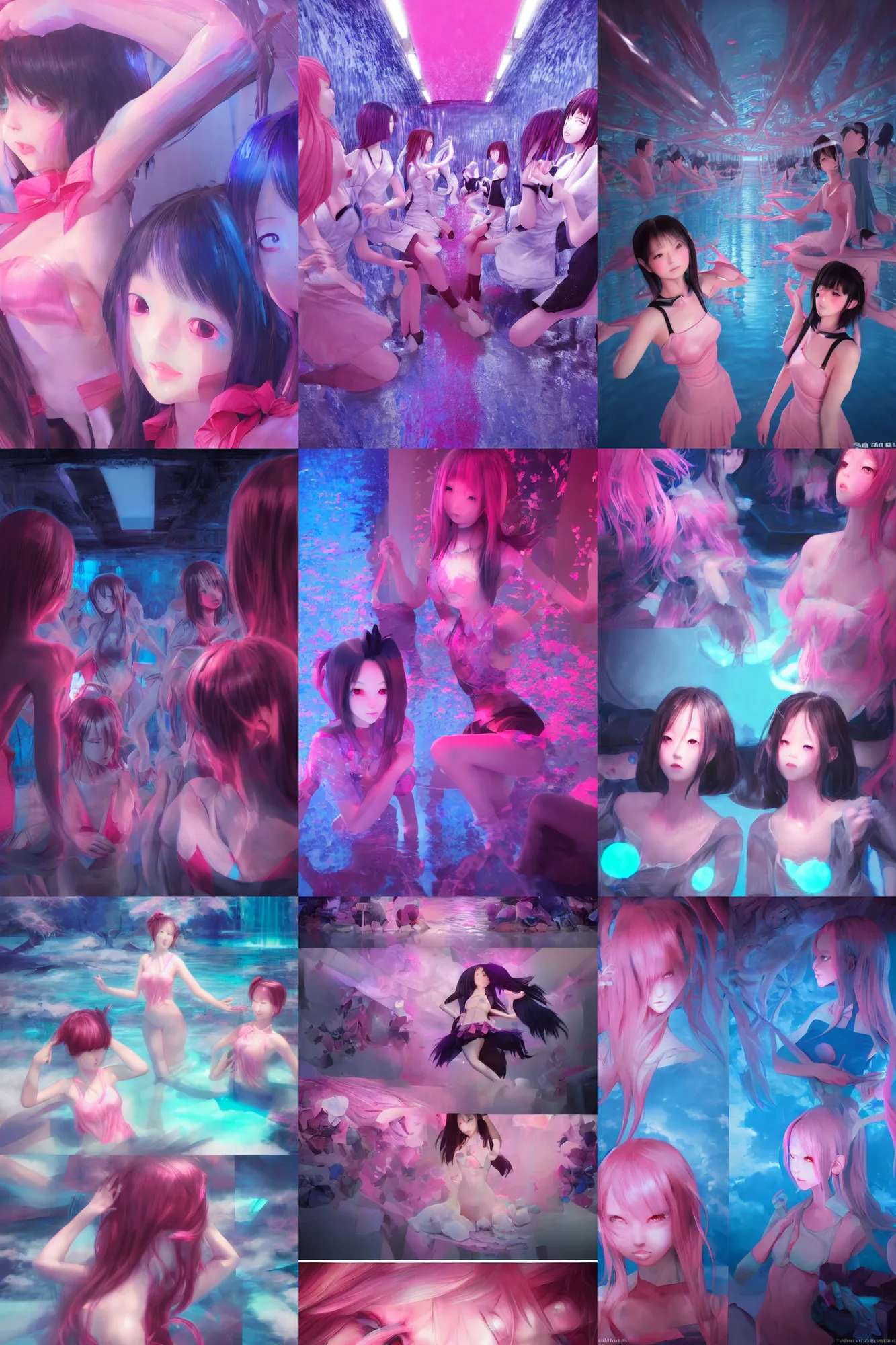 Prompt: 3d dark infrared octane render concept art by D. Jun, by Mo Xiang Tong Xiu, by Igarashi Daisuke, beauty portrait anime schoolgirls under dark pink and blue water. cute face. complex mirrored room. dramatic light, trending on artstation.