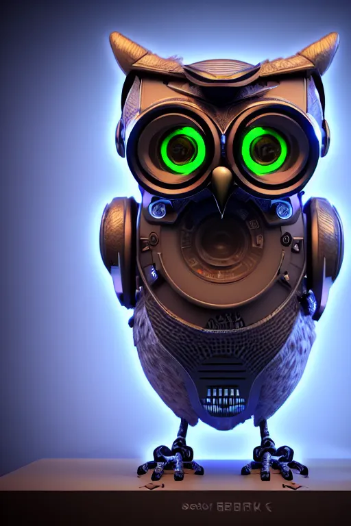 Image similar to high quality 3 d render very cute cyborg owl! with boombox!, cyberpunk highly detailed, unreal engine cinematic smooth, in the style of blade runner & detective pikachu, hannah yata charlie immer, moody light, low angle, uhd 8 k, sharp focus