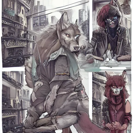 Image similar to beautiful furry art portrait commission of a furry anthro wolf fursona wearing punk clothes in the streets of a cyberpunk city. character design by charlie bowater, ross tran, rick griffin, miles df, detailed, inked, western comic book art