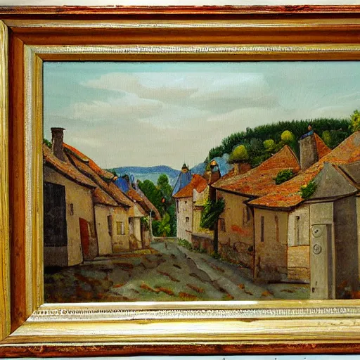 Image similar to painting of a rural French medieval village, by Aleksander Rostov