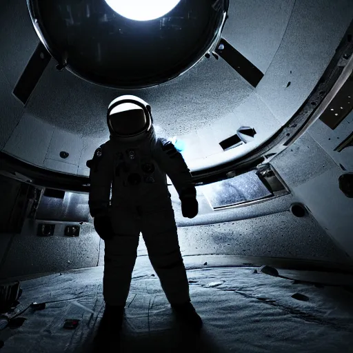 Image similar to dark photograph of an astronaut, lit from bottom, full body photo,, 8 k