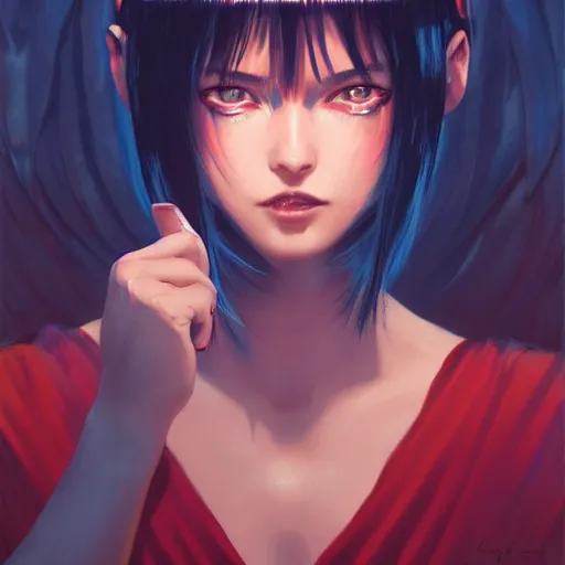 Image similar to A fire witch with big and cute eyes, fine-face, realistic shaded perfect face, fine details. realistic shaded lighting poster by Ilya Kuvshinov katsuhiro otomo ghost-in-the-shell, magali villeneuve, artgerm, Jeremy Lipkin and Michael Garmash, Rob Rey and Kentarõ Miura style, trending on art station