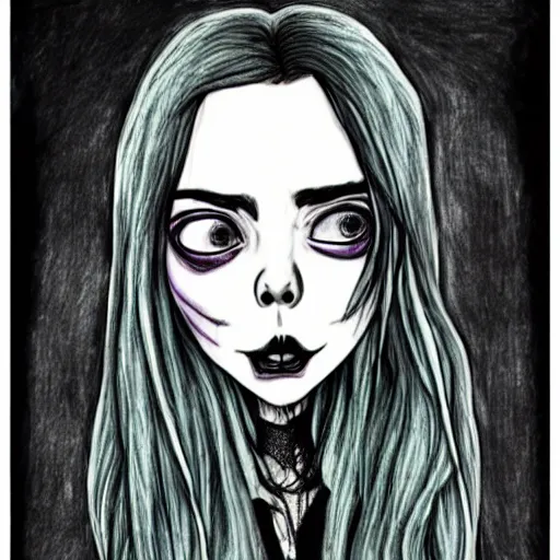 Image similar to grunge drawing of billie eilish in the style of corpse bride