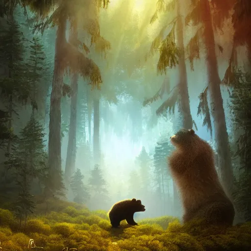 Image similar to a realistic fearful bear, beautiful, proportionate, atmosphere, vibe, forest, fern, flowers, concept art illustration, color page, tone mapping, james jean, andrei riabovitchev, marc simonetti, digital illustration, greg rutowski, volumetric lighting, sunbeams, particles