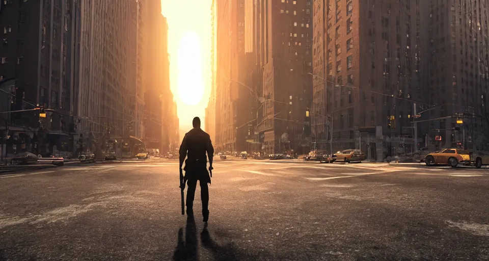 Image similar to the german shepherd of I am legend in new york, octane render, unreal engine, sundown, empty streets