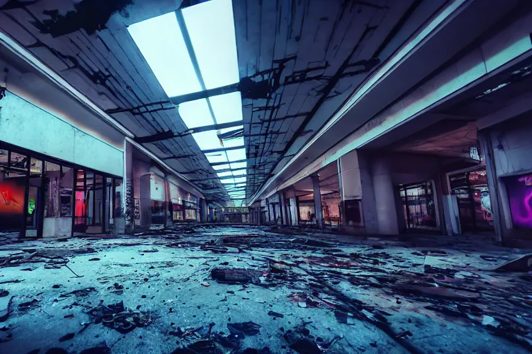Image similar to low angle photo of a abandoned cyberpunk shopping mall, dead bodies flying, cinematic lightning, ray tracing, unreal engine, photorealistic, detailed, dark, moody, foggy, scary