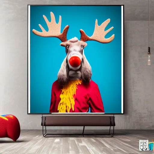 Prompt: a photo realistic moose dressed as a clown, 8 k, high detail, 8 0 mm, good lighting