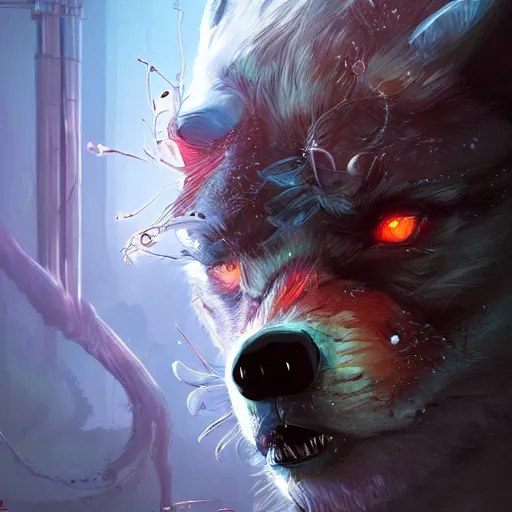 Prompt: a beautiful portrait of a cute mad biopunk wolf. intricate, epic lighting, cinematic composition, hyper realistic, 8 k resolution, unreal engine 5, by artgerm, tooth wu, dan mumford, beeple, wlop, rossdraws, james jean, marc simonetti, artstation