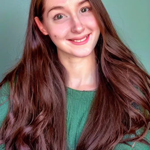 Prompt: Photograph of April, a cute young woman, long shiny bronze brown hair, full round face, green eyes, medium skin tone, light cute freckles, light blush, smiling softly, wearing casual clothing, relaxing on a modern couch, interior lighting, cozy living room background, medium shot, mid-shot