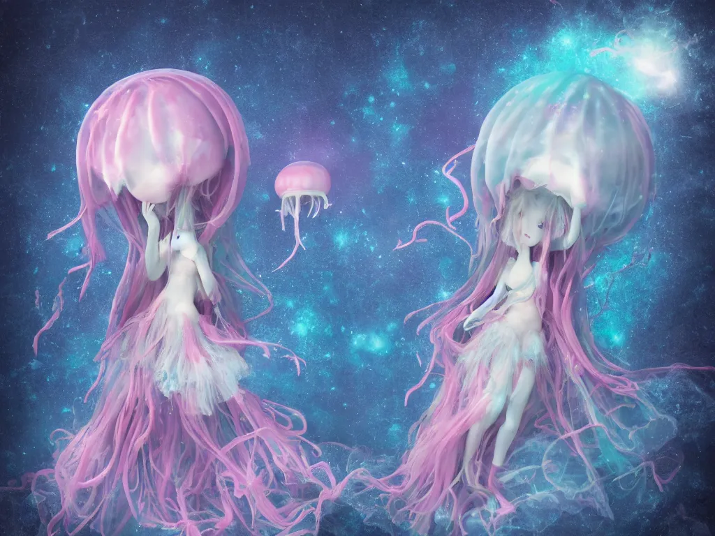 Image similar to cute fumo plush gothic jellyfish maiden alien girl swimming in the waves of the dark galactic abyss, tattered ragged gothic dress, ocean waves and reflective splashing water, vignette, vray