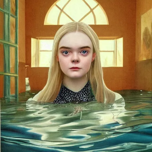 Image similar to pop-surrealism portrait painting of Elle Fanning in a flooded house interior, extremely detailed masterpiece,