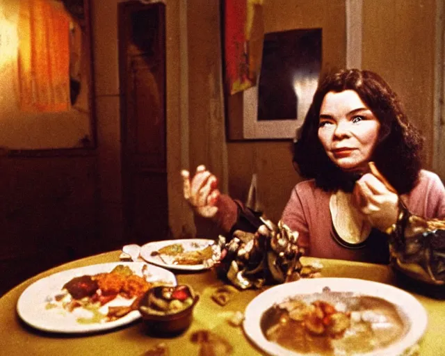 Image similar to 1 9 7 9 a soviet movie still a bjork woman sitting at a table with a plate of food in dark warm light, a character portrait by bjork, featured on cg society, neo - fauvism, movie still, 8 k, fauvism, cinestill, bokeh, gelios lens