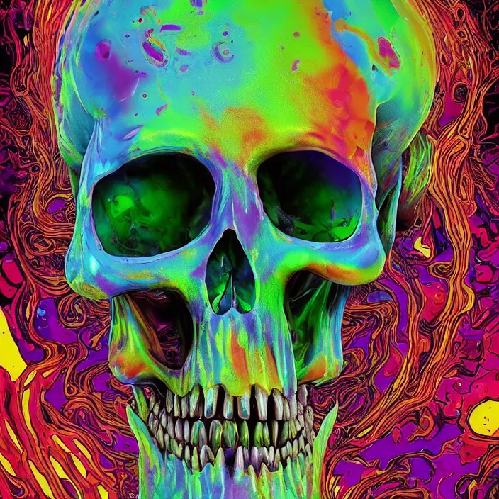 Image similar to portrait of an acid lsd psychedelic melting skull. razor sharp teeth. infected with rainbow fungi. intricate abstract. intricate artwork. interdimensional, by Tooth Wu, wlop, beeple, dan mumford. octane render, trending on artstation, greg rutkowski very coherent symmetrical artwork. cinematic, hyper realism, high detail, octane render, 8k, iridescent accents